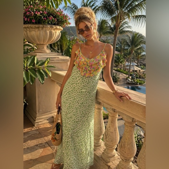 RIXO Dresses & Skirts - Rixo X Target Green Floral Ruffle Slip Dress Spaghetti Strap Midi Boho Y2K XS
